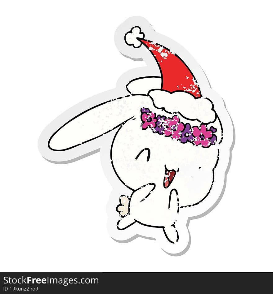 hand drawn christmas distressed sticker cartoon of kawaii rabbit