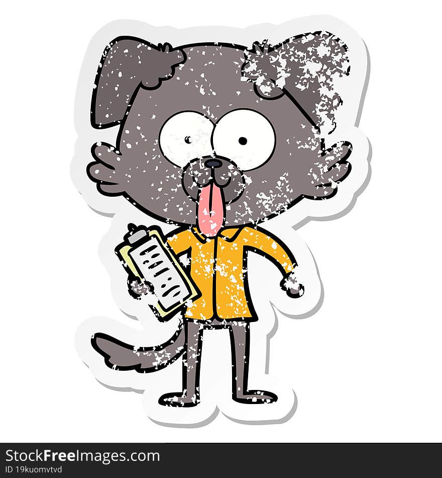 distressed sticker of a cartoon dog with tongue sticking out