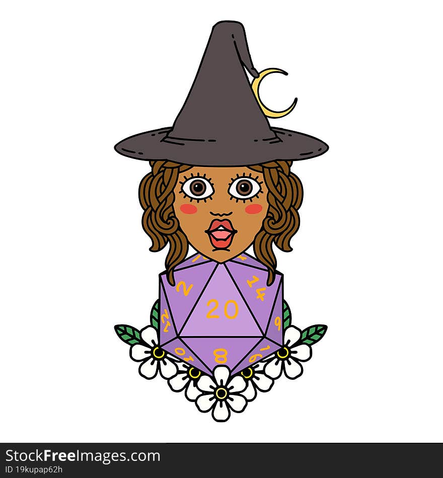 Human Witch With Natural Twenty Dice Roll Illustration