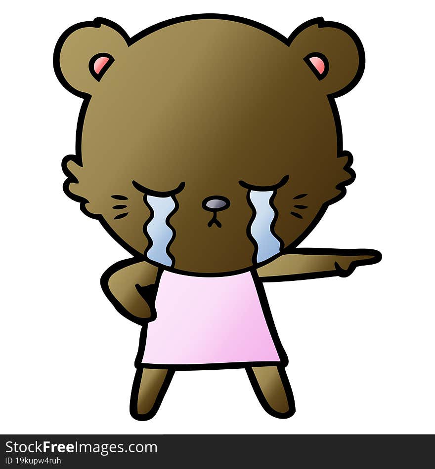 crying cartoon bear in dress pointing. crying cartoon bear in dress pointing