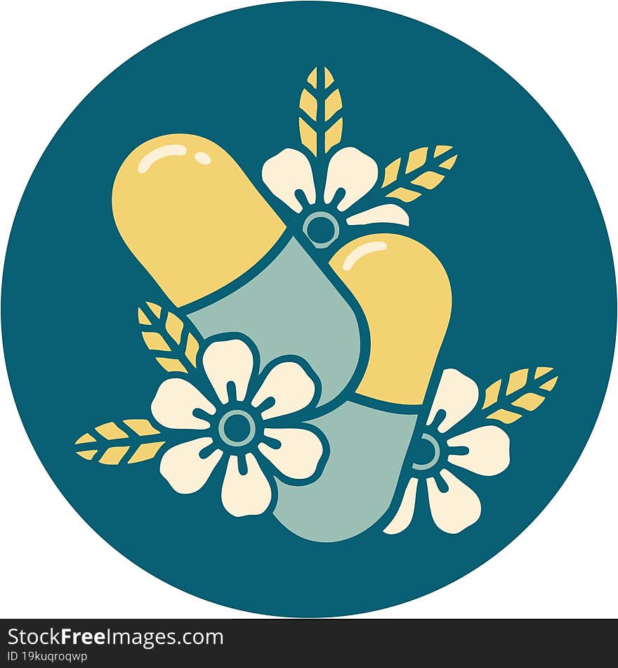 tattoo style icon of pills and flowers