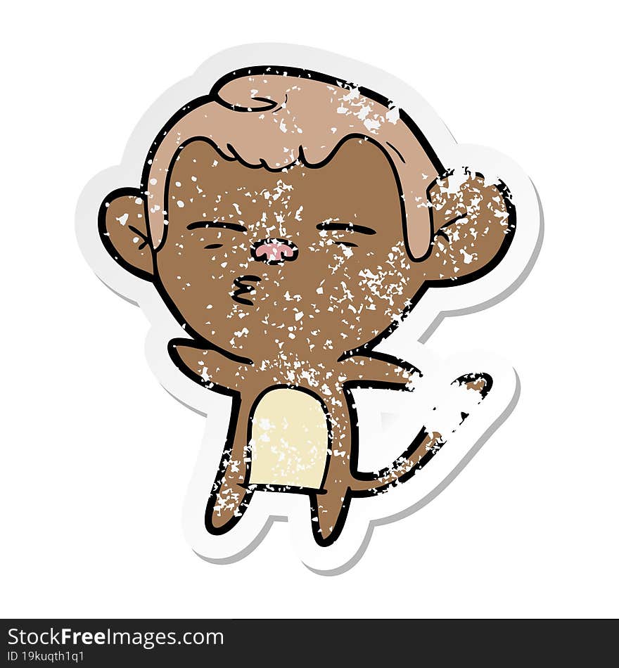 distressed sticker of a cartoon suspicious monkey