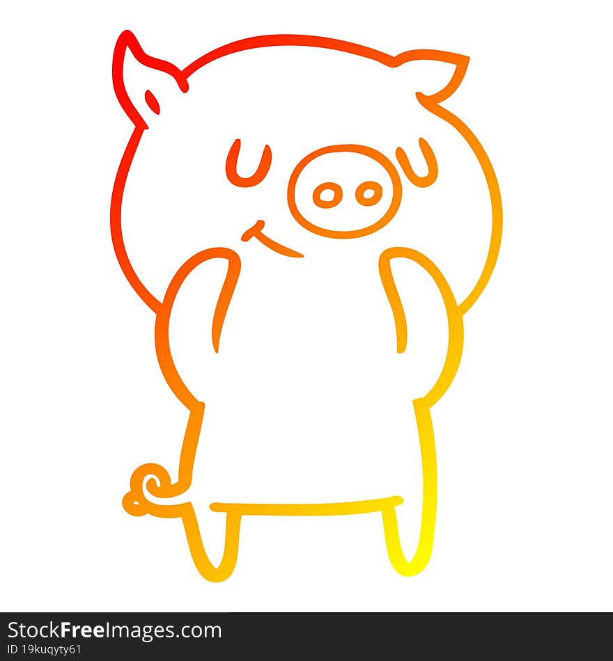 warm gradient line drawing of a happy cartoon pig