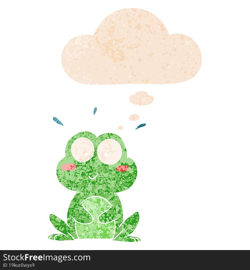 cute cartoon frog and thought bubble in retro textured style