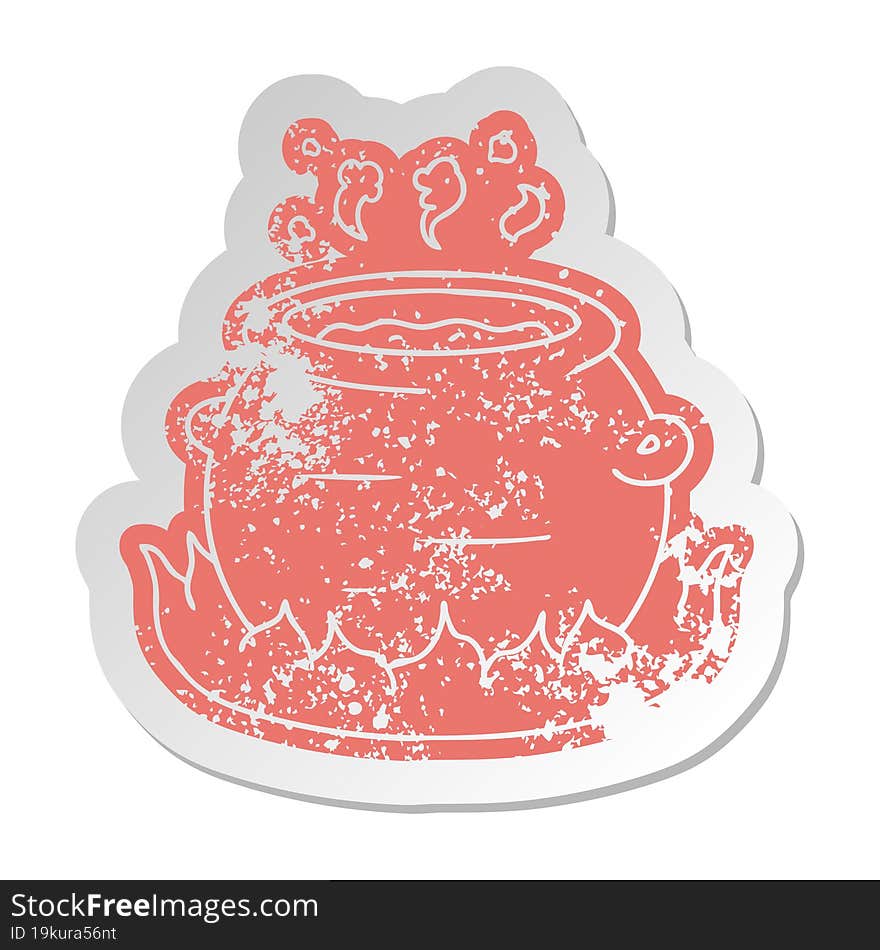 distressed old sticker of a pot of stew