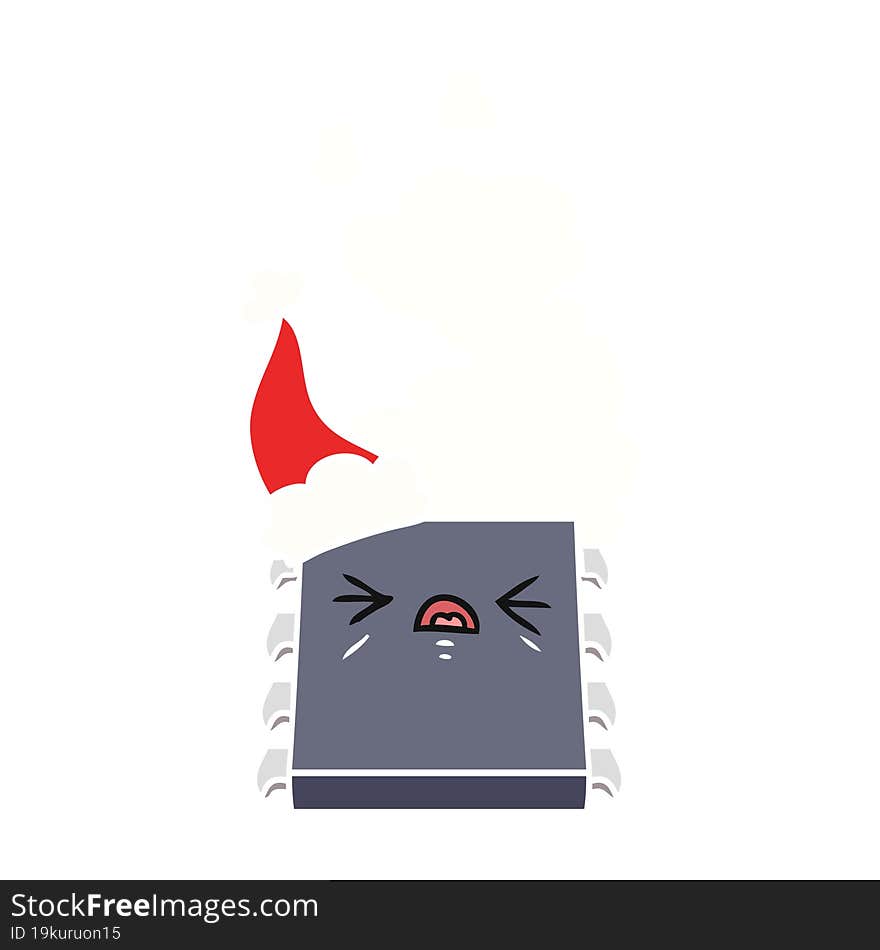 hand drawn flat color illustration of a overheating computer chip wearing santa hat