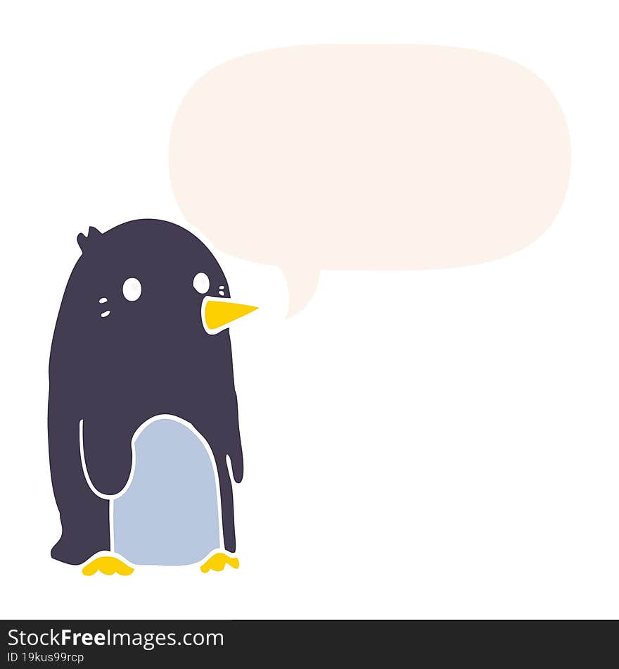 cartoon penguin with speech bubble in retro style