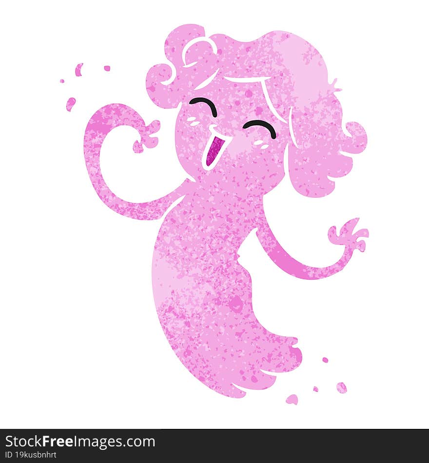 retro cartoon doodle of a happy pink ghost