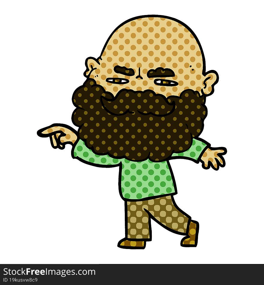 cartoon man with beard frowning and pointing. cartoon man with beard frowning and pointing