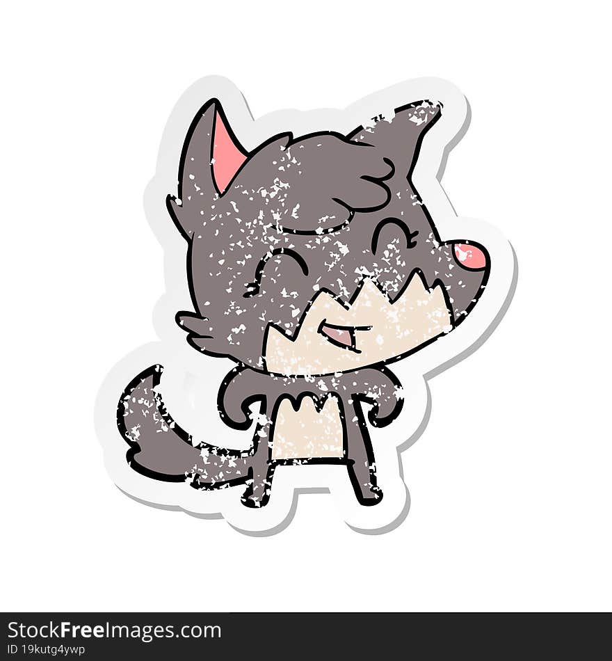 distressed sticker of a happy cartoon fox