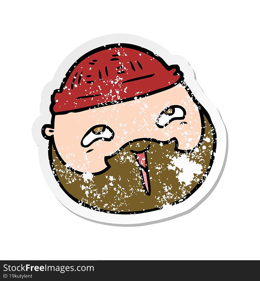 distressed sticker of a cartoon male face with beard