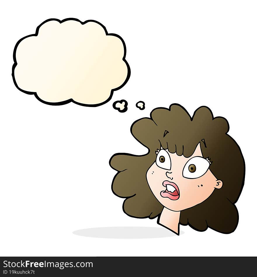 cartoon shocked female face with thought bubble