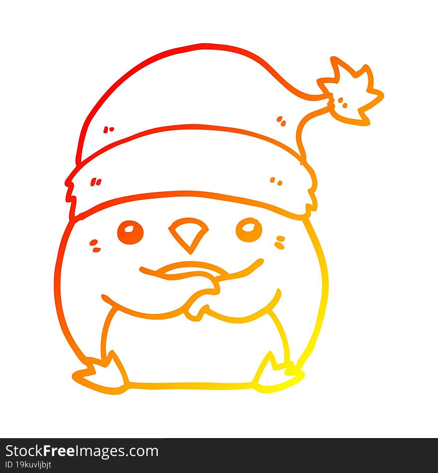 warm gradient line drawing cute cartoon penguin wearing christmas hat