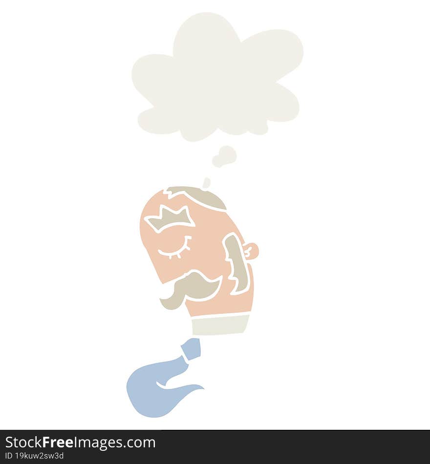 cartoon man with mustache and thought bubble in retro style