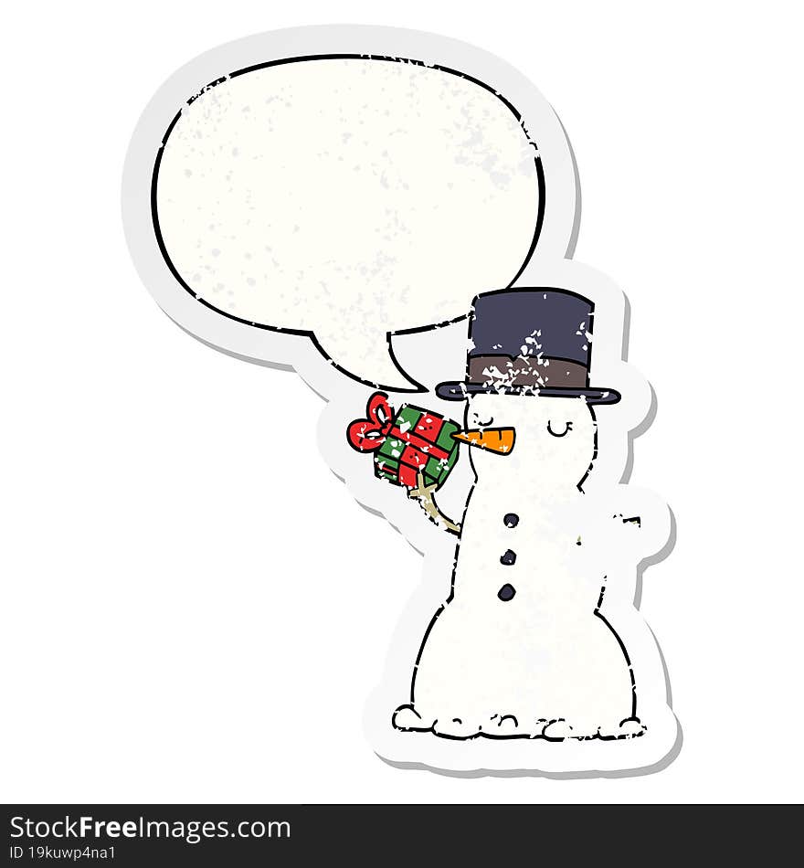 cartoon snowman and speech bubble distressed sticker