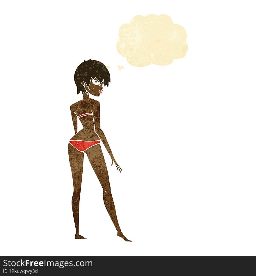 cartoon woman in bikini with thought bubble