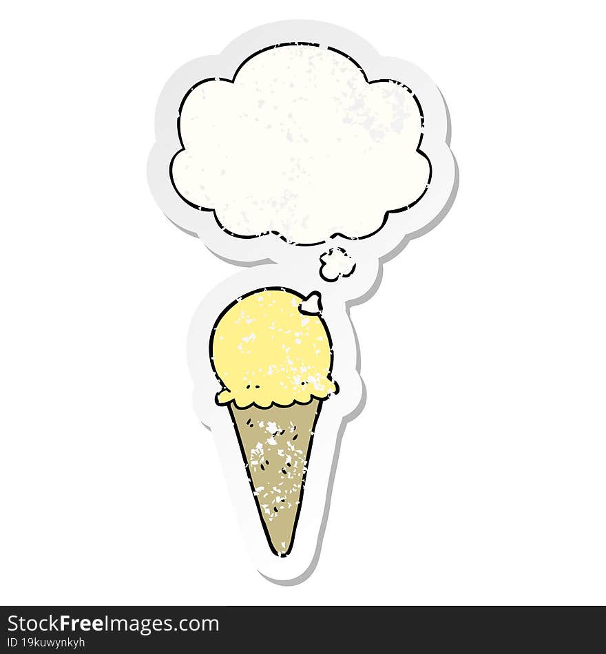 cartoon ice cream and thought bubble as a distressed worn sticker