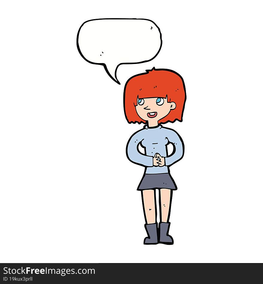 cartoon friendly woman with speech bubble