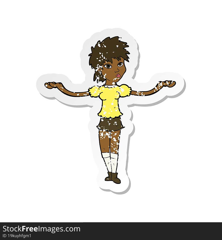 retro distressed sticker of a cartoon woman shrugging shoulders