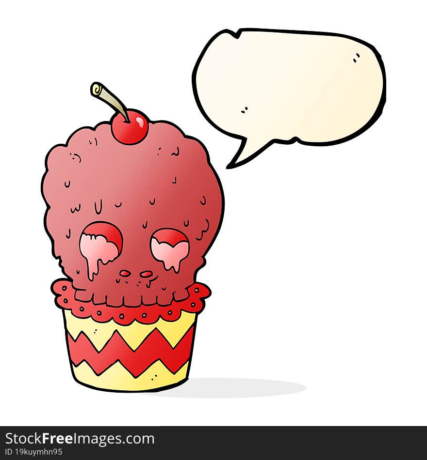 spooky skull cupcake cartoon with speech bubble