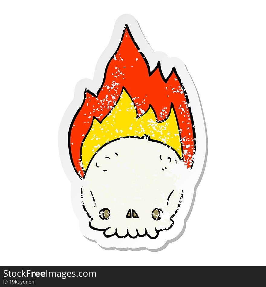 distressed sticker of a spooky cartoon flaming skull