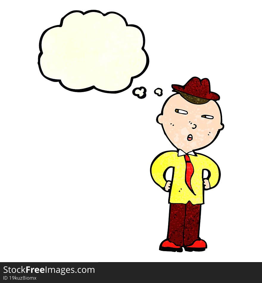 cartoon man wearing hat with thought bubble