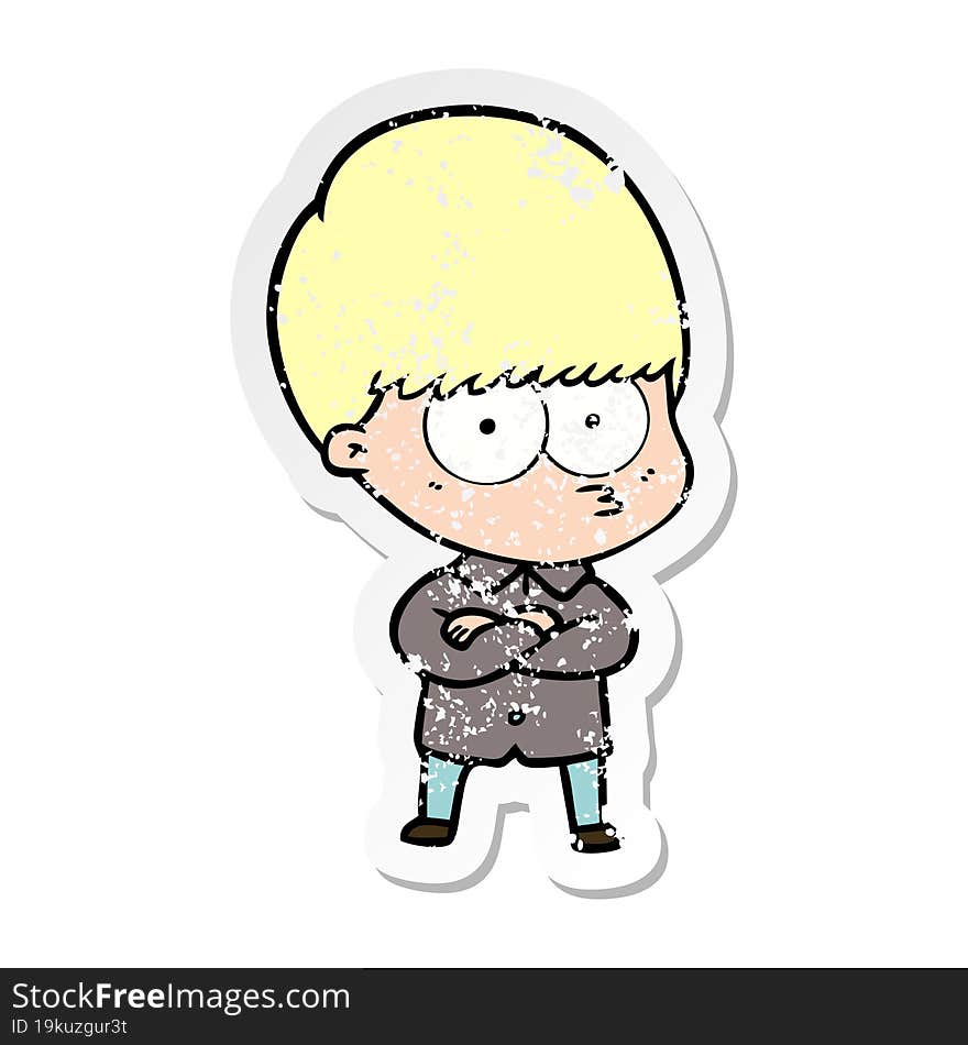 distressed sticker of a annoyed cartoon boy