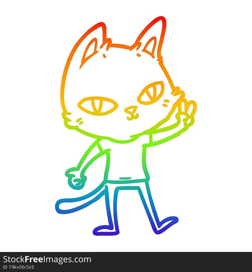 Rainbow Gradient Line Drawing Cartoon Cat Waving