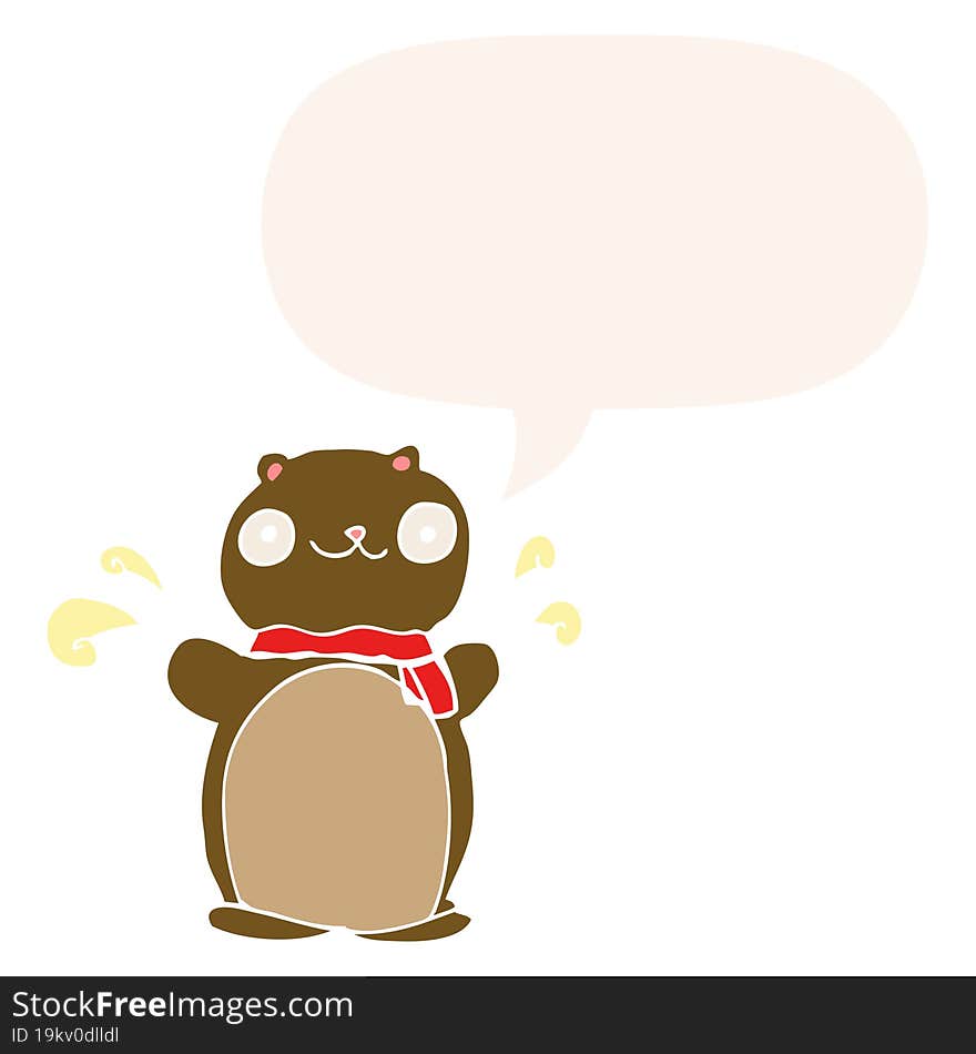 cartoon happy teddy bear with speech bubble in retro style