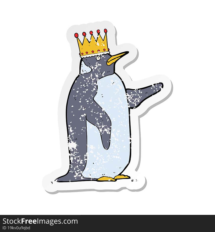 retro distressed sticker of a cartoon penguin wearing crown