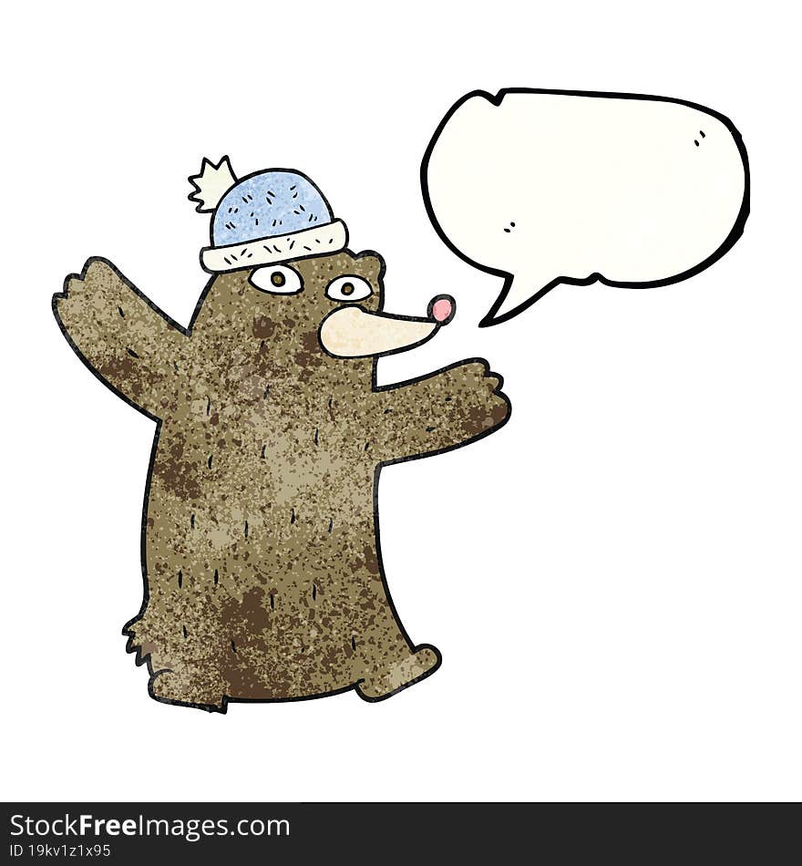 speech bubble textured cartoon bear wearing hat