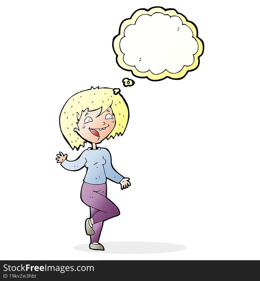 cartoon laughing woman with thought bubble