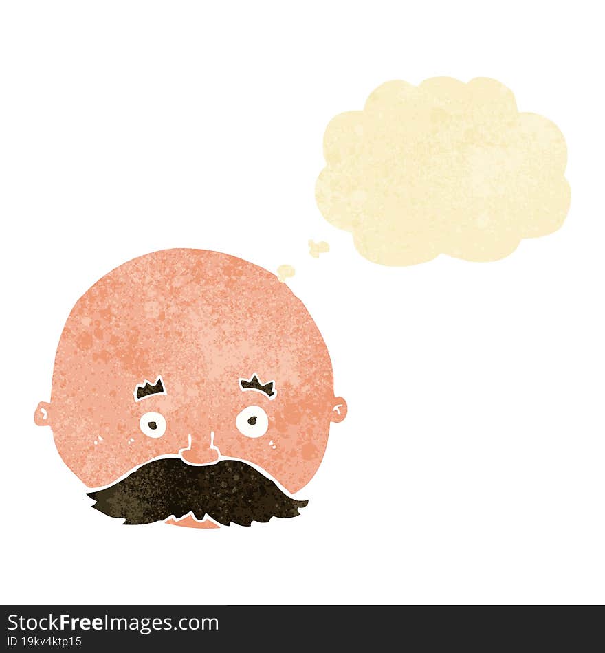 cartoon bald man with mustache with thought bubble