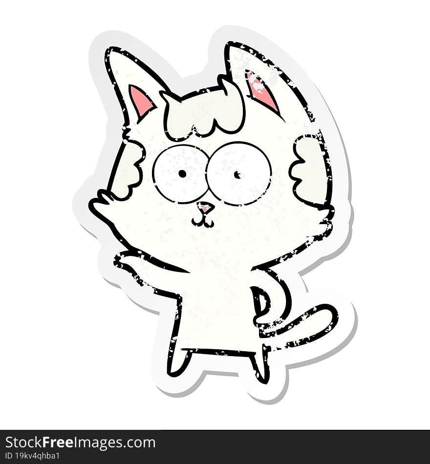 distressed sticker of a happy cartoon cat