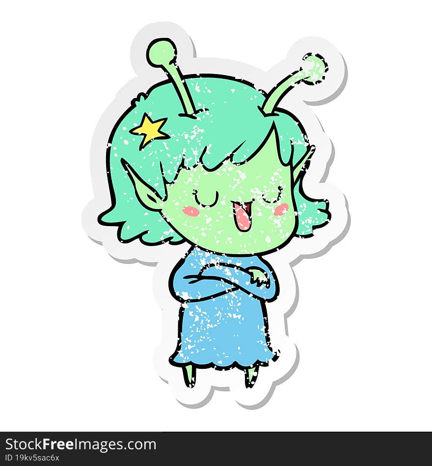 distressed sticker of a happy alien girl cartoon