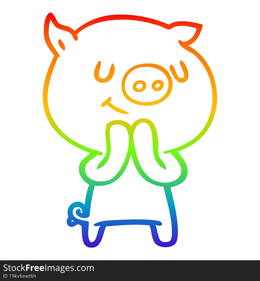 rainbow gradient line drawing of a happy cartoon pig