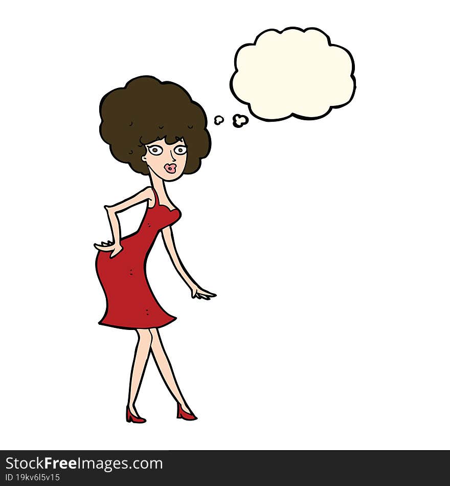 cartoon woman posing in dress with thought bubble