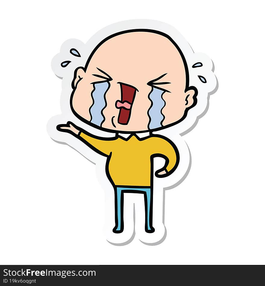 Sticker Of A Cartoon Crying Bald Man