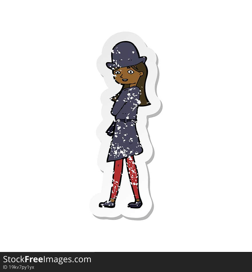 retro distressed sticker of a cartoon female spy