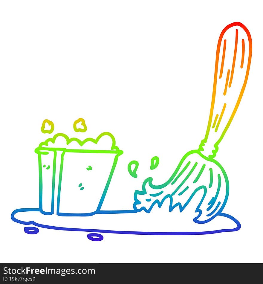 rainbow gradient line drawing cartoon bucket and mop