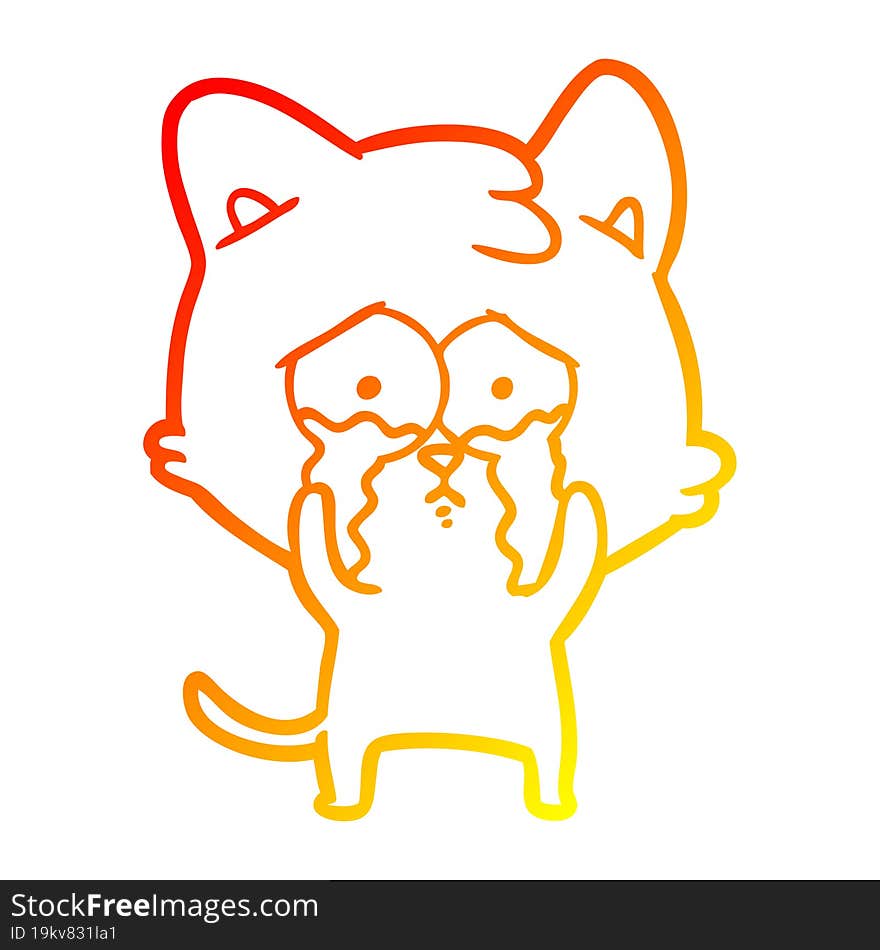 warm gradient line drawing of a cartoon crying cat