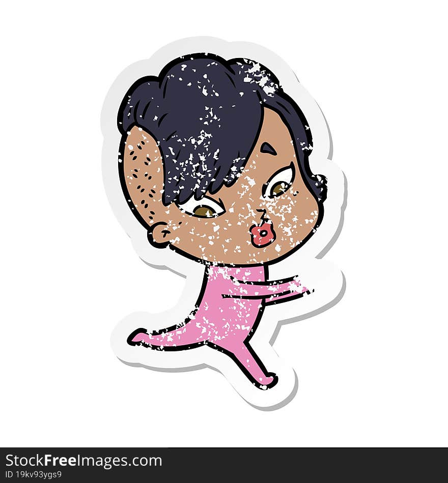 Distressed Sticker Of A Cartoon Surprised Girl