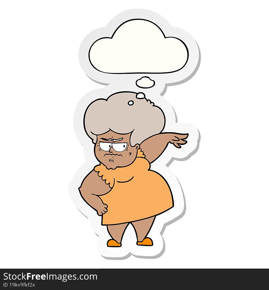 cartoon angry old woman and thought bubble as a printed sticker