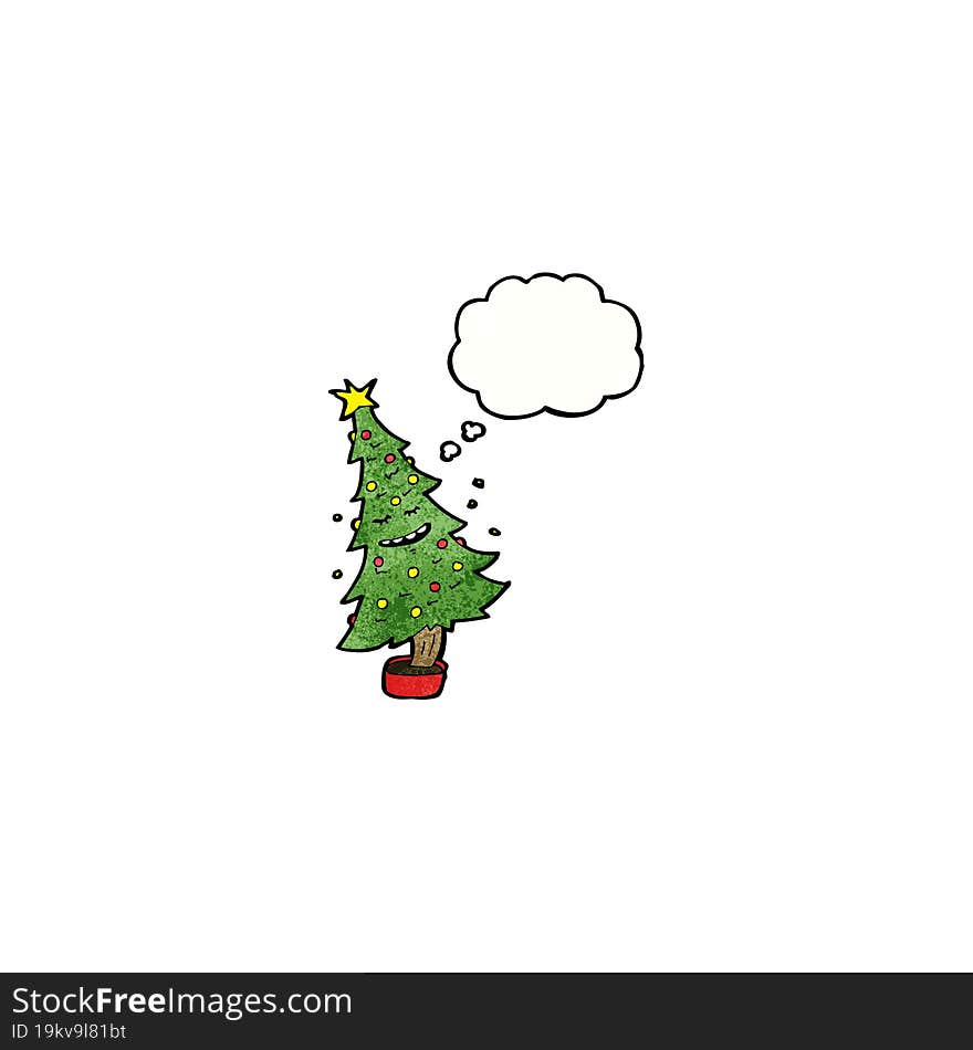 cartoon christmas tree with thought bubble