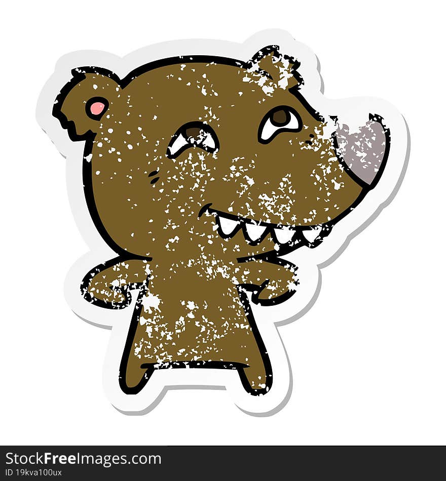 Distressed Sticker Of A Cartoon Bear Showing Teeth