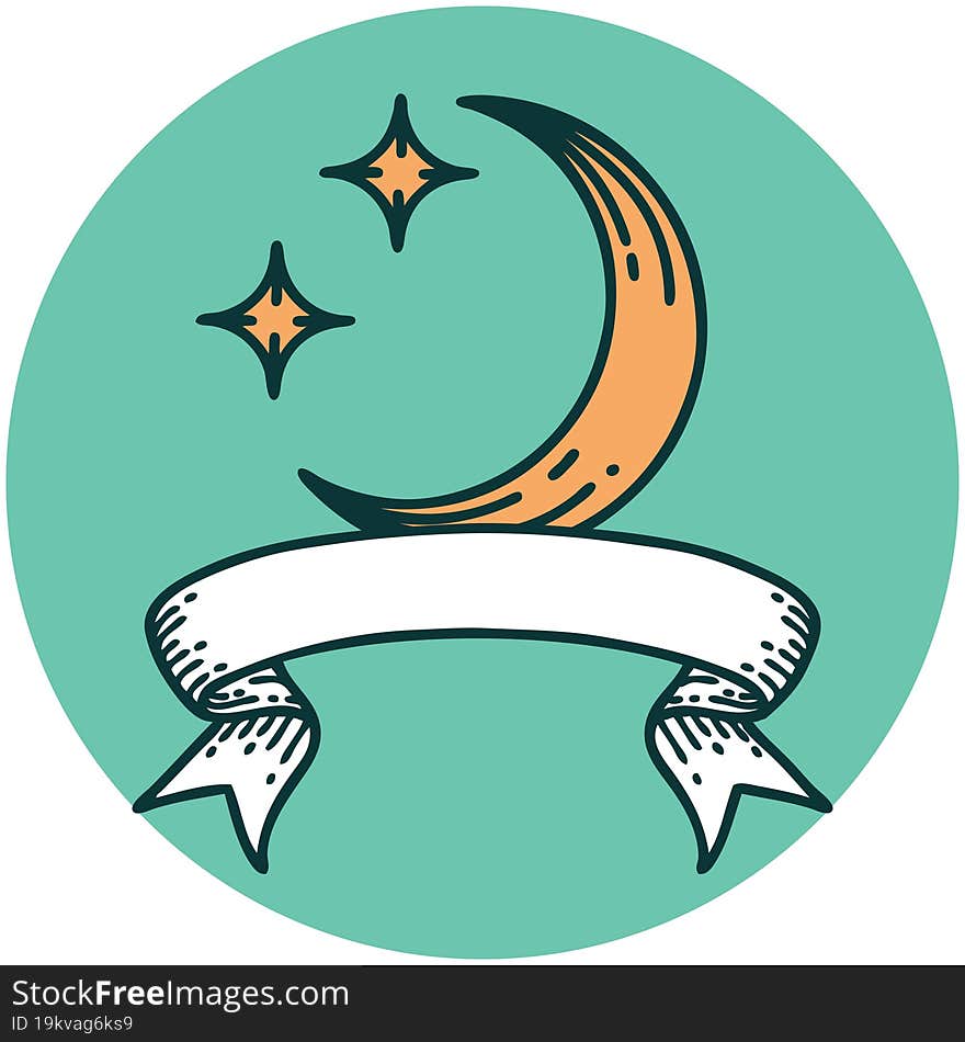 tattoo style icon with banner of a moon and stars