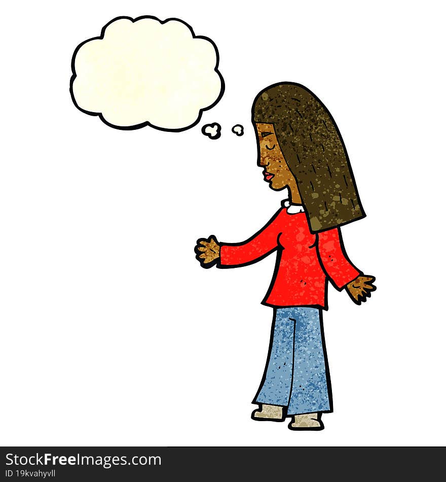 cartoon woman with open arms with thought bubble