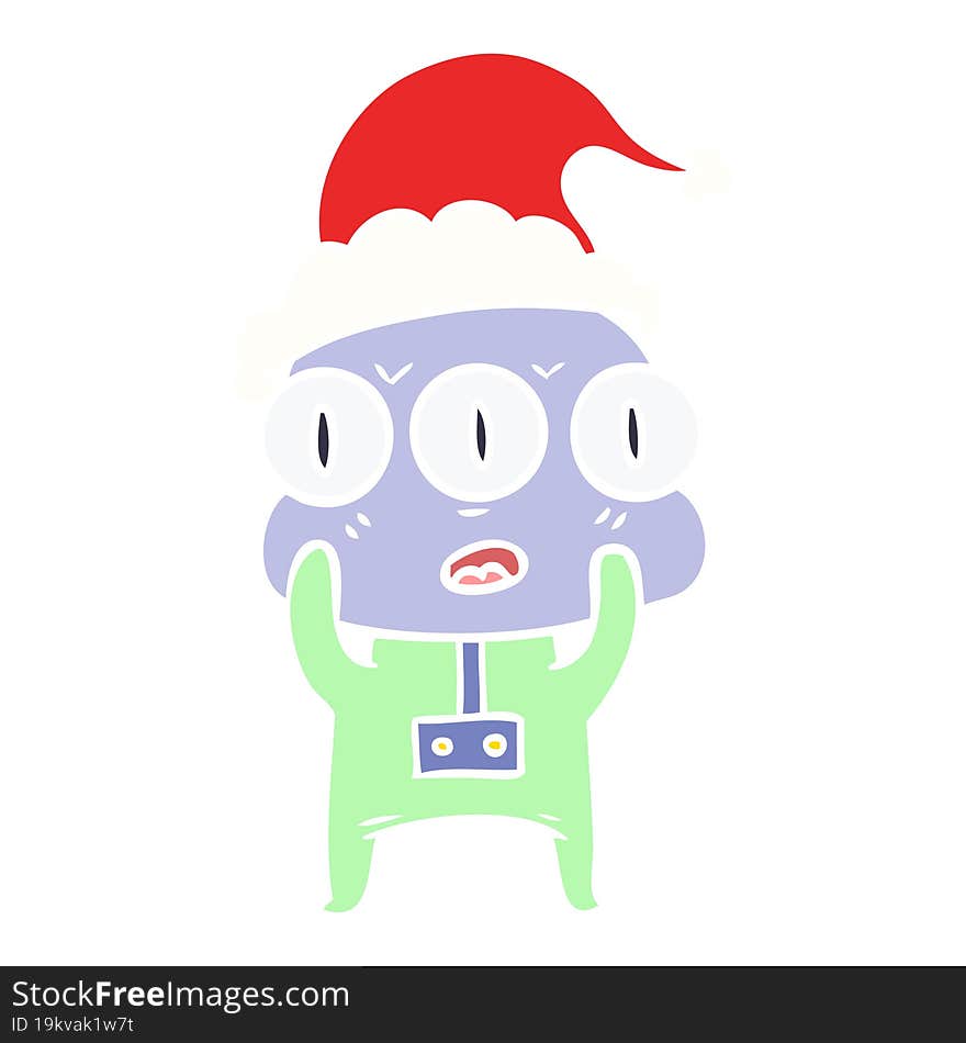 flat color illustration of a three eyed alien wearing santa hat