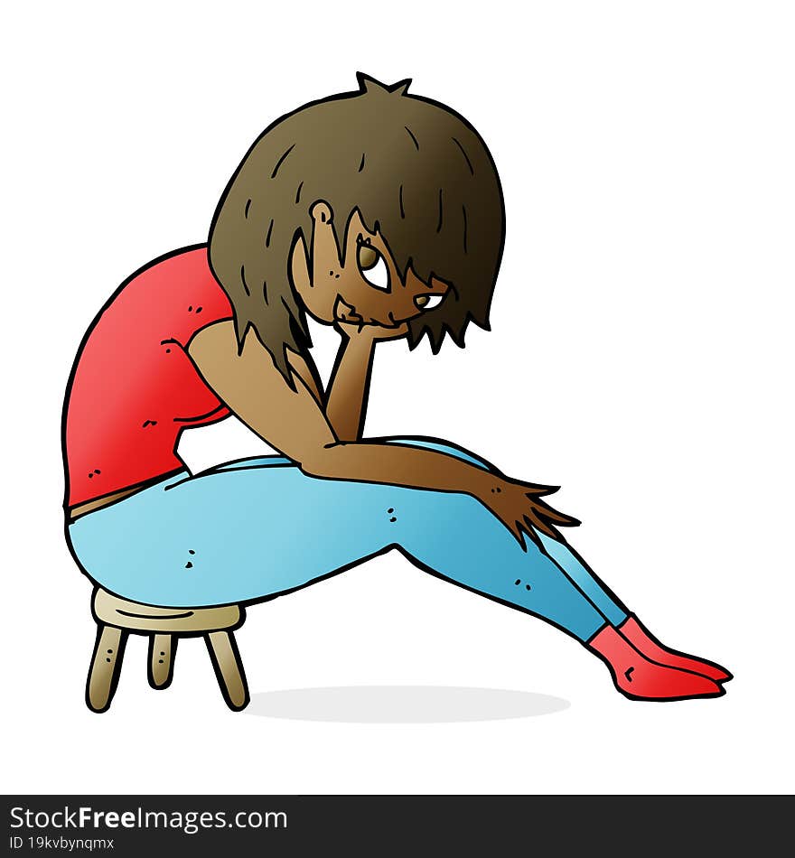 cartoon woman sitting on small stool