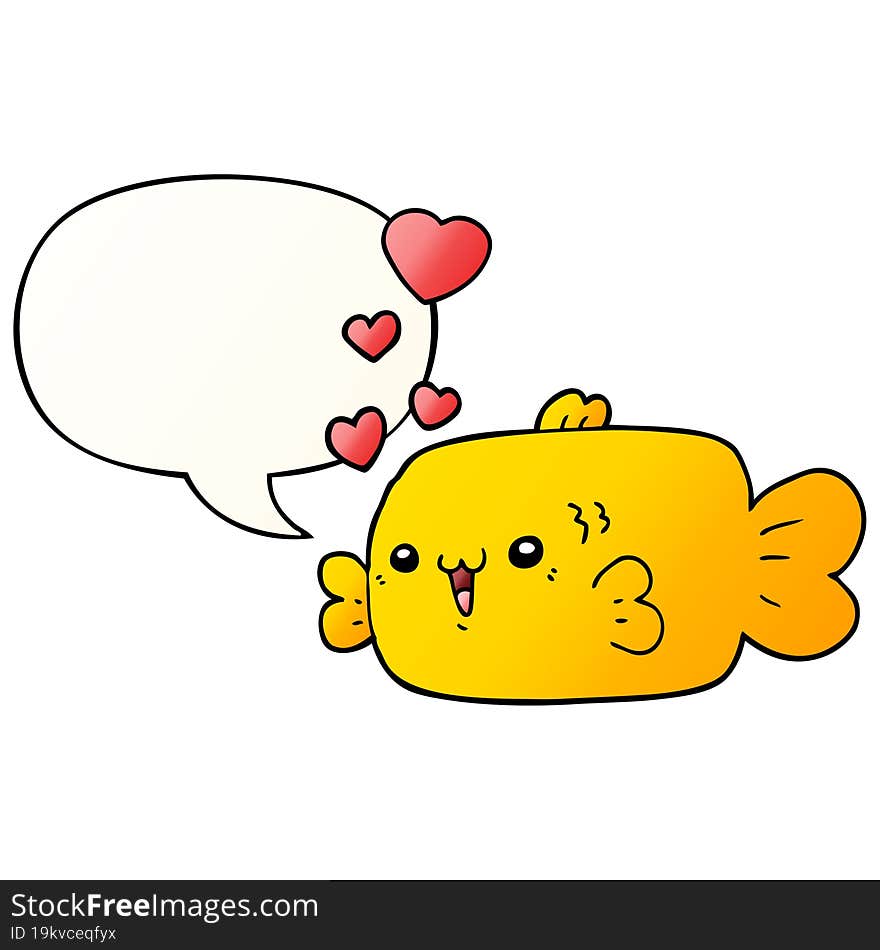 cute cartoon fish and love hearts and speech bubble in smooth gradient style